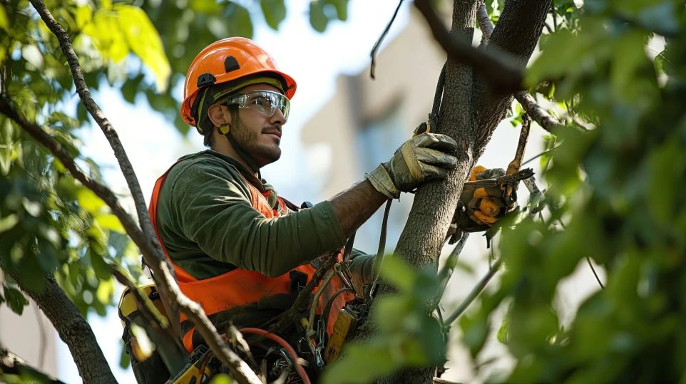 Arborist in an orange helmet and safety glasses harnessed up a tree, pruning branches